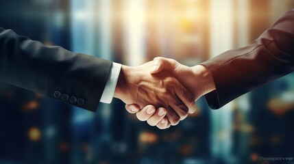 business background of businessmen have handshaking in greeting of business deal of merger and acquisition agreement. AI generated image - obrazy, fototapety, plakaty