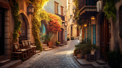 Fototapeta na wymiar Charming Quaint European Alleyway with Cobblestone Streets, Enhanced with Soft and Pastel Tones to Evoke a Nostalgic and Old-World Atmosphere