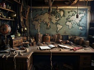 An old pirate's lair where we see an old sea map on the wall and equipment for adventurers on the table. The treasure hunt can begin. digital Ai - obrazy, fototapety, plakaty
