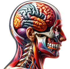 Anatomical side profile showing head of man. PNG Image. Image of a human head showing skull with a brain and muscles of face and neck. Generative Ai.