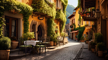 Obraz premium Charming Quaint European Alleyway with Cobblestone Streets, Enhanced with Soft and Pastel Tones to Evoke a Nostalgic and Old-World Atmosphere