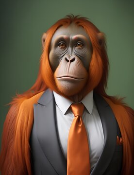 Orangutan is dressed elegantly in a suit with a lovely tie. An anthropomorphic animal poses for a fashion photograph with a charming human attitude. Funny animal pictures with Suit jacket and tie