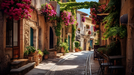 Charming Quaint European Alleyway with Cobblestone Streets, Enhanced with Soft and Pastel Tones to Evoke a Nostalgic and Old-World Atmosphere