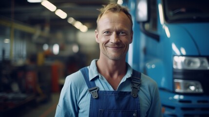 a man in a blue overalls smiling - obrazy, fototapety, plakaty