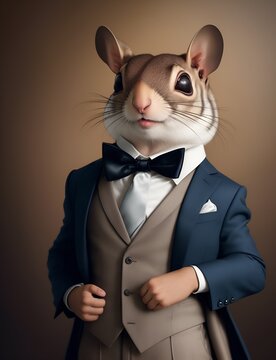 Flying squirrel is dressed elegantly in a suit with a lovely tie. An anthropomorphic animal poses for a fashion photograph with a charming human attitude. Funny animal pictures with Suit jacket