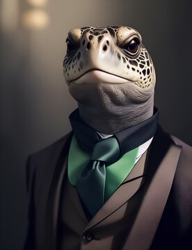 Turtle is dressed elegantly in a suit with a lovely tie. An anthropomorphic animal poses for a fashion photograph with a charming human attitude. Funny animal pictures with Suit jacket and tie