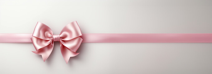 Banner Pink ribbon and bow on white background. Simple pink bow. Decoration for girls, hair care. Items for everyday use, creating stylish and bright look for baby. Modern style, fashion, decorative 