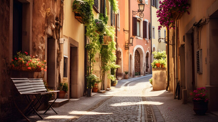 Charming Quaint European Alleyway with Cobblestone Streets, Enhanced with Soft and Pastel Tones to Evoke a Nostalgic and Old-World Atmosphere