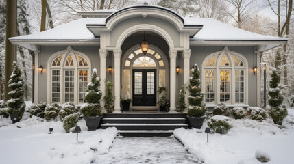 Beautiful house in the park under the snow. Winter landscape.