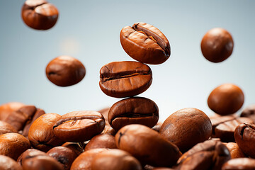 Coffee beans levitating in the air on a light background.	
