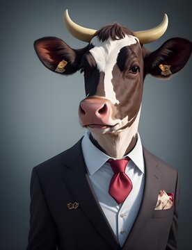 Cow is dressed elegantly in a suit with a lovely tie. An anthropomorphic animal poses for a fashion photograph with a charming human attitude. Funny animal pictures with Suit jacket and tie