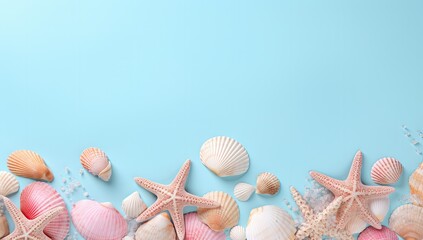 colorful shells and starfish on a blue background Generative AI - obrazy, fototapety, plakaty
