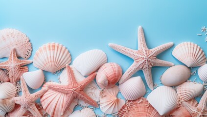 starfish, shells and coconut shells on a blue background Generative AI