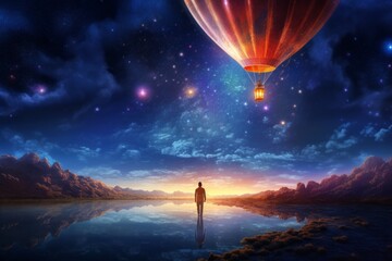 a man standing in a lake with a hot air balloon in the sky