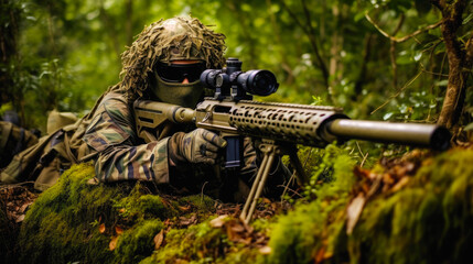 Well hidden sniper lying down on a hill in the jungle, wearing a camouflage ghillie suit that matches the jungle, face paint . Advanced sniper rifle with a scope and bipod - obrazy, fototapety, plakaty