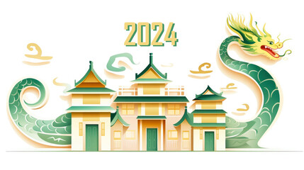 A minimal, simple illustration with house and dragon as a symbol of the Chinese New Year, isolated on a white background. Happy holiday concept. Banner