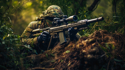 Well hidden sniper lying down on a hill in the jungle, wearing a camouflage ghillie suit that matches the jungle, face paint . Advanced sniper rifle with a scope and bipod - obrazy, fototapety, plakaty