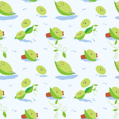 Cute cartoon style green pea characters sailing on a boat. Fat green pea characters. Fairy-tale characters. Vector illustration

