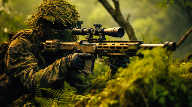 Well hidden sniper lying down on a hill in the jungle, wearing a camouflage ghillie suit that matches the jungle, face paint . Advanced sniper rifle with a scope and bipod