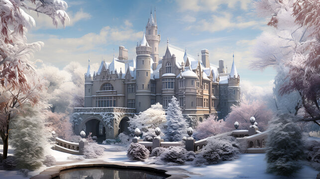 "Snowy Mountain Enchantment: Craft a Mysterious Medieval Castle in a Fantasy World", a castle in the middle of the snow with flags cinemati, 
The Schwerin fairytale castle in the snow in germany wint
