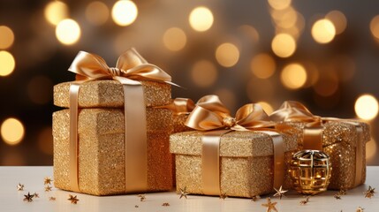 a group of gold wrapped presents sitting on top of a table next to a gold christmas ornament and a gold ribbon on the top of the present box.