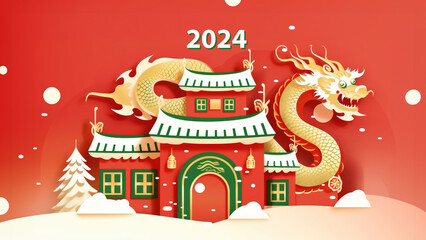 A minimal, simple illustration with house and dragon as a symbol of the Chinese New Year, on a red background. Happy holiday concept. Banner