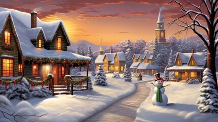 a painting of a christmas scene with a snowman in front of a house with a lit up christmas tree and a lit - up clock tower in the background. - obrazy, fototapety, plakaty