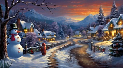  a painting of a snowy village with a snowman in the foreground and a red fire hydrant in the foreground, and a red fire hydrant in the foreground.