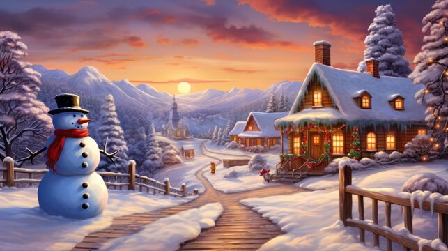  a painting of a snowman standing in front of a snow - covered house with a pathway leading to the front door of the house and a snow - covered path leading to the front of the house.