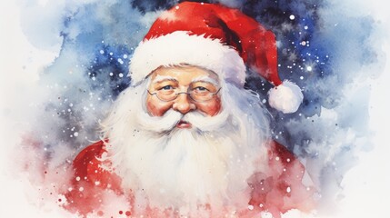  a watercolor painting of a santa clause wearing glasses and a red and white hat with snow flakes on the bottom of his head and bottom half of his face.