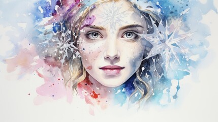  a watercolor painting of a woman's face with a snowflake on her head and a snowflake on her head with snowflakes on her head.