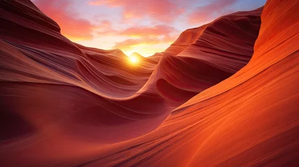 Tuinposter  the sun is setting in the distance over a desert landscape with a mountain range in the foreground and sand dunes in the foreground, with a red and blue sky in the background. © Shanti