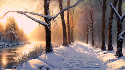 Zimowy krajobraz. Generative AI - obrazy, fototapety, plakaty