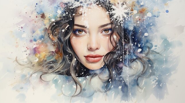  a watercolor painting of a woman's face with snow flakes all over her head and her hair blowing in the wind and her hair blowing in the wind.
