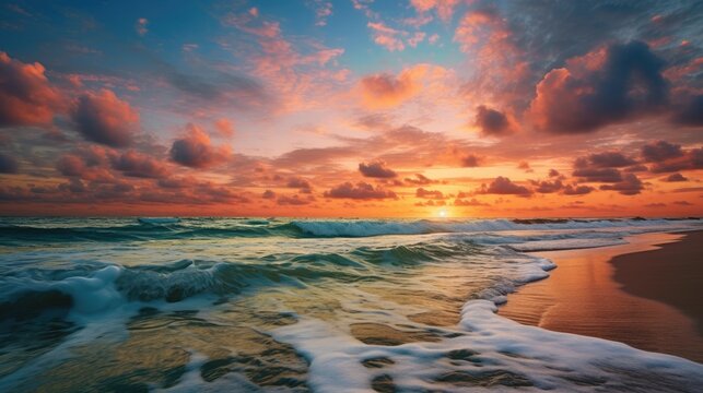  the sun is setting over the ocean and the waves are foaming on the sand and the water is foaming on the sand and foamy on the beach.