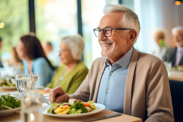 Fototapeta na wymiar Senior man in a retirement home happily enjoying a healthy lunch. A showcase of a lifestyle of well-being and contentment