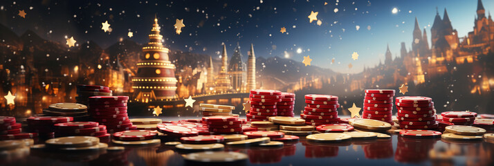 Stacks of red casino chips on dark background, 3D rendering, Ai Generated