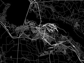 Vector road map of the city of Kamyanske in Ukraine with white roads on a black background.