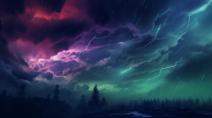 A Purple and Green Lightning Storm Background - obrazy, fototapety, plakaty