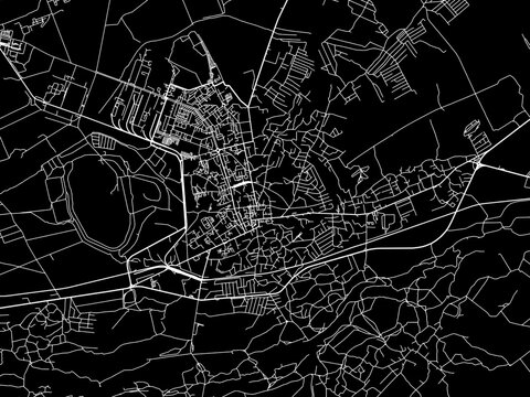 Vector road map of the city of Kalush in Ukraine with white roads on a black background.