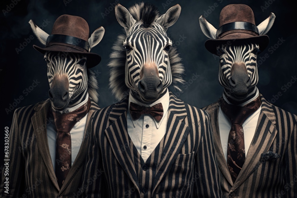 Aufkleber three zebras dressed up in suits and hats. this image can be used for various creative projects and 