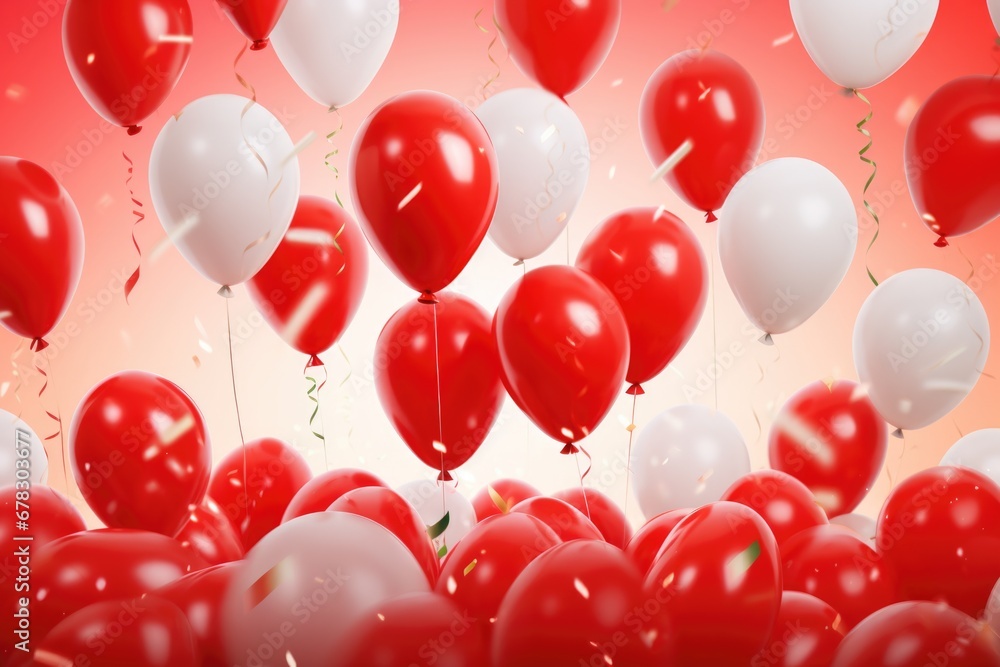 Poster A vibrant image featuring a bunch of red and white balloons floating in the air. Perfect for adding a festive touch to any celebration or event.