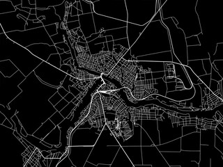 Vector road map of the city of Pervomaysk in Ukraine with white roads on a black background.