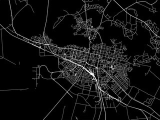 Vector road map of the city of Pryluky in Ukraine with white roads on a black background.