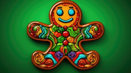  a ginger with a smile on it's face and colorful swirls on it's body, sitting on a green surface, with a green background,.