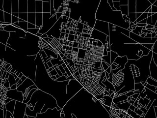 Vector road map of the city of Rubizhne in Ukraine with white roads on a black background.