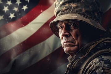A man dressed in a military uniform stands proudly with an American flag in the background. This image can be used to symbolize patriotism, honor, and military service - obrazy, fototapety, plakaty