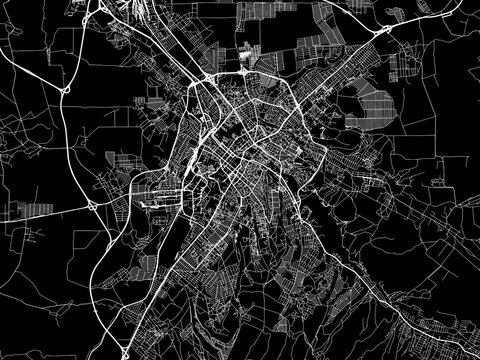 Vector road map of the city of Simferopol in Ukraine with white roads on a black background.