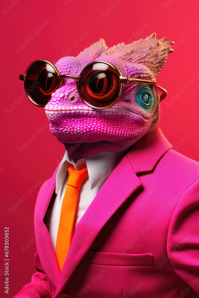 Poster a picture of a lizard dressed in a fashionable pink suit and wearing sunglasses. this image can be u