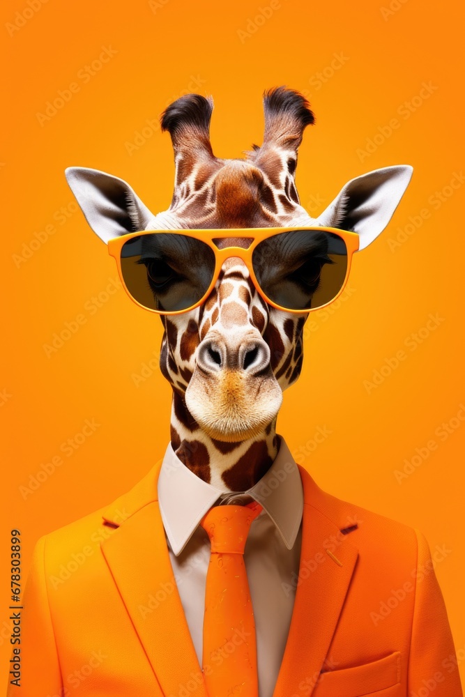 Poster A picture of a giraffe wearing sunglasses and a suit. Perfect for adding a touch of humor and sophistication to any project.